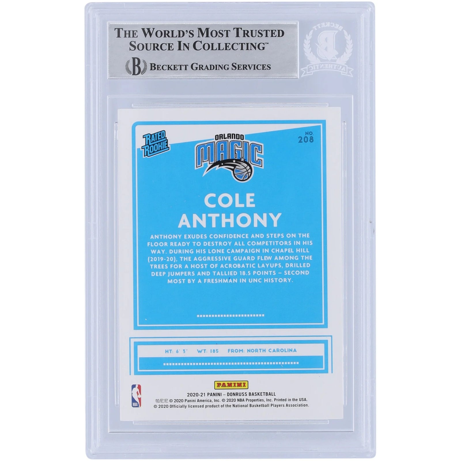 Cole Anthony Signed 2020-21 Panini Donruss Rookie #208 Card | Yellow Flood Variation