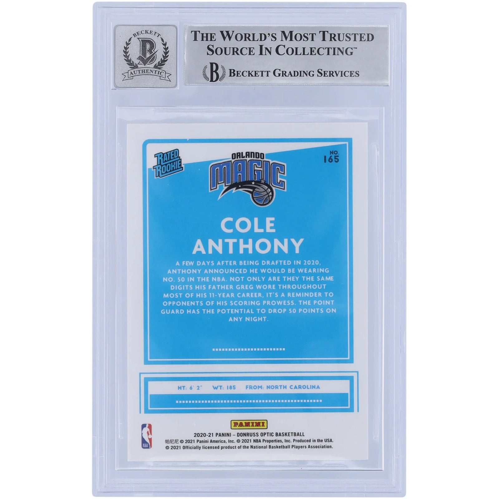 Cole Anthony Signed 2020-21 Panini Donruss Optic #165 | BGS 10 Rookie
