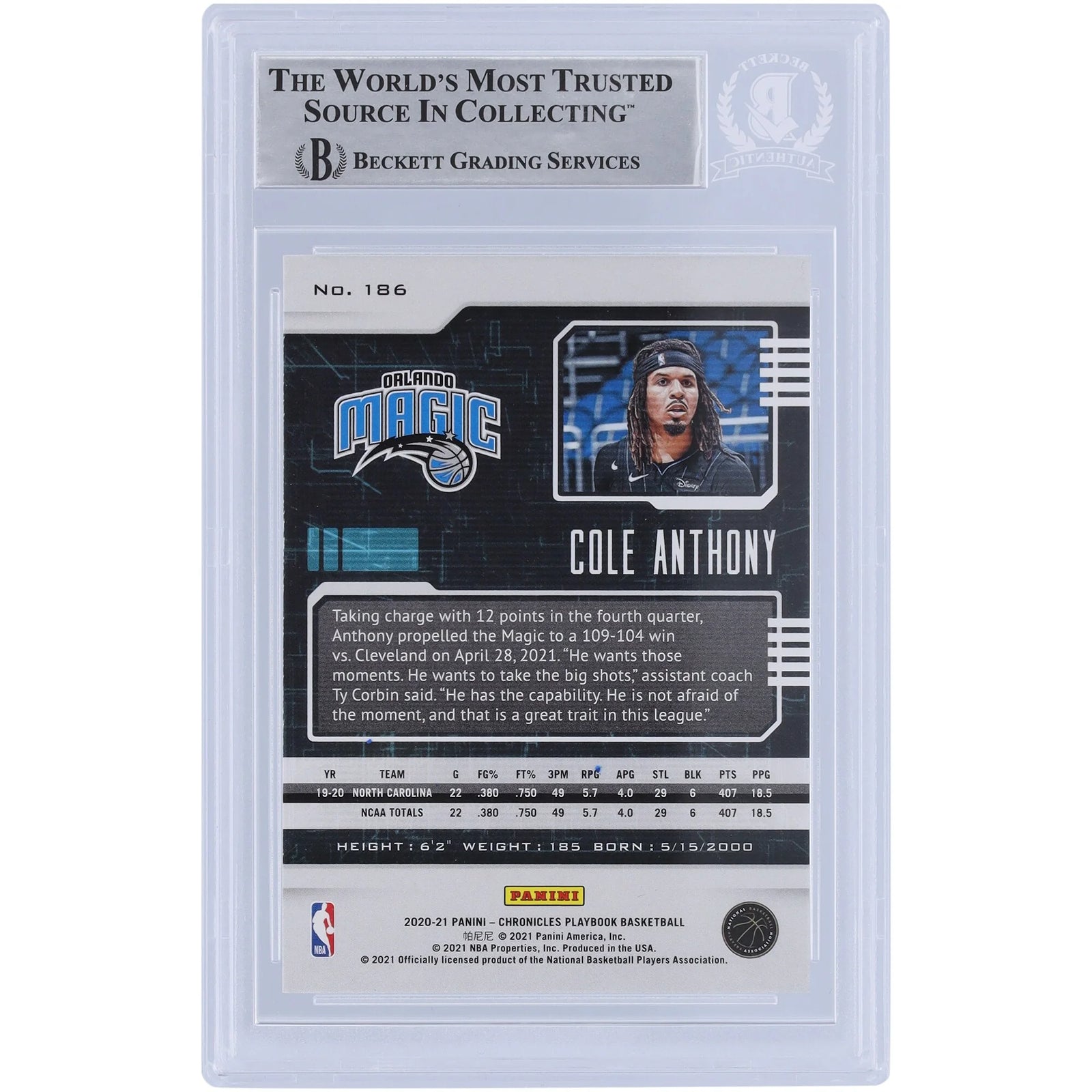 Cole Anthony Signed 2020-21 Panini Chronicles Playbook #186 Rookie Card | Authenticated