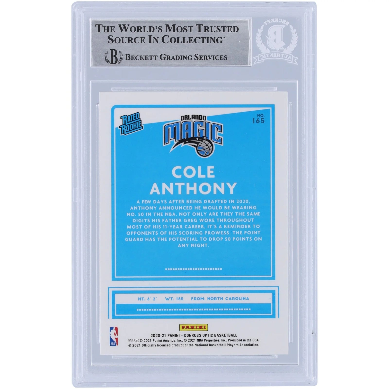 Cole Anthony Signed 2020-21 Panini Donruss Optic #165 Rookie Card | Authenticated