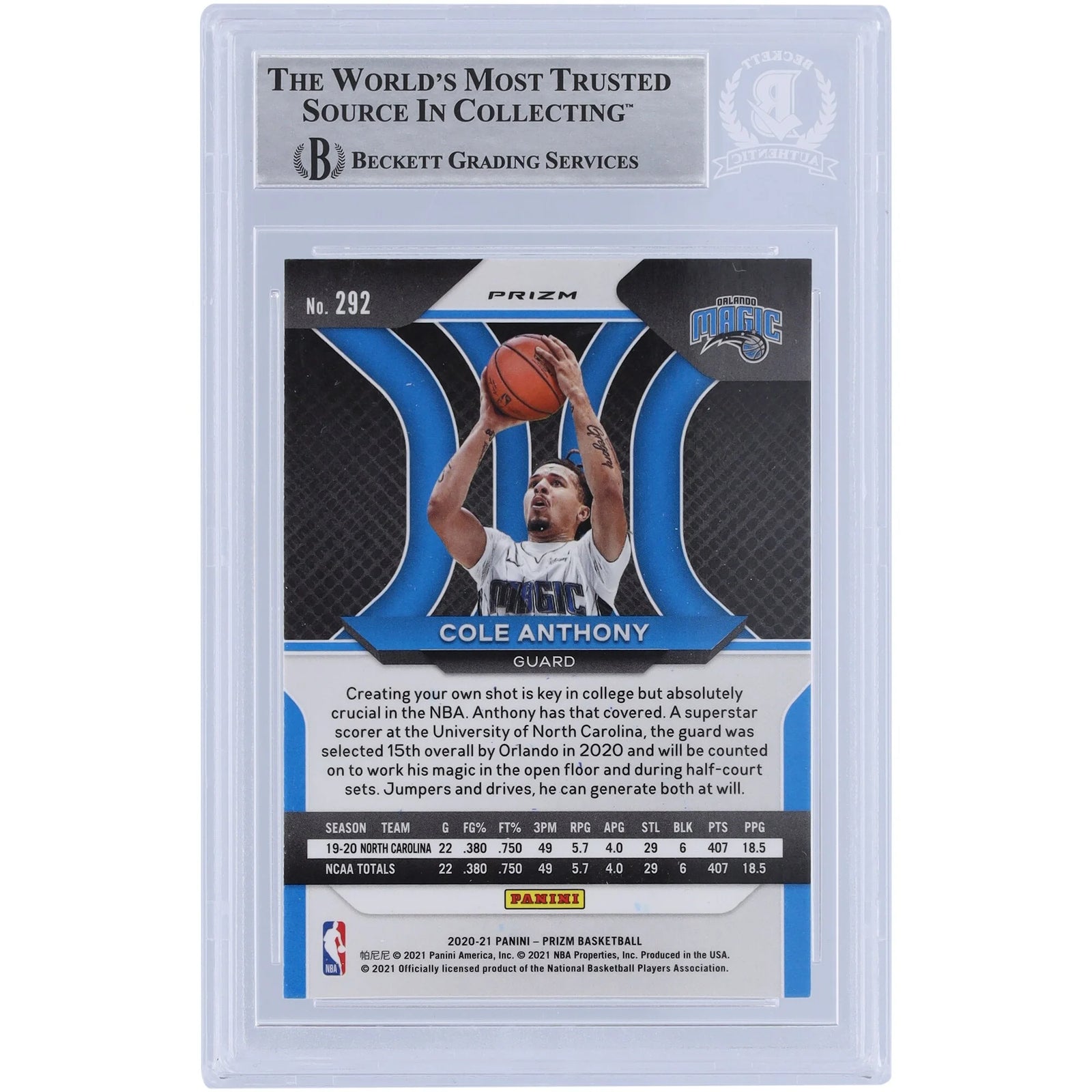 Cole Anthony Signed 2020-21 Panini Prizm Red White & Blue Rookie Card #292