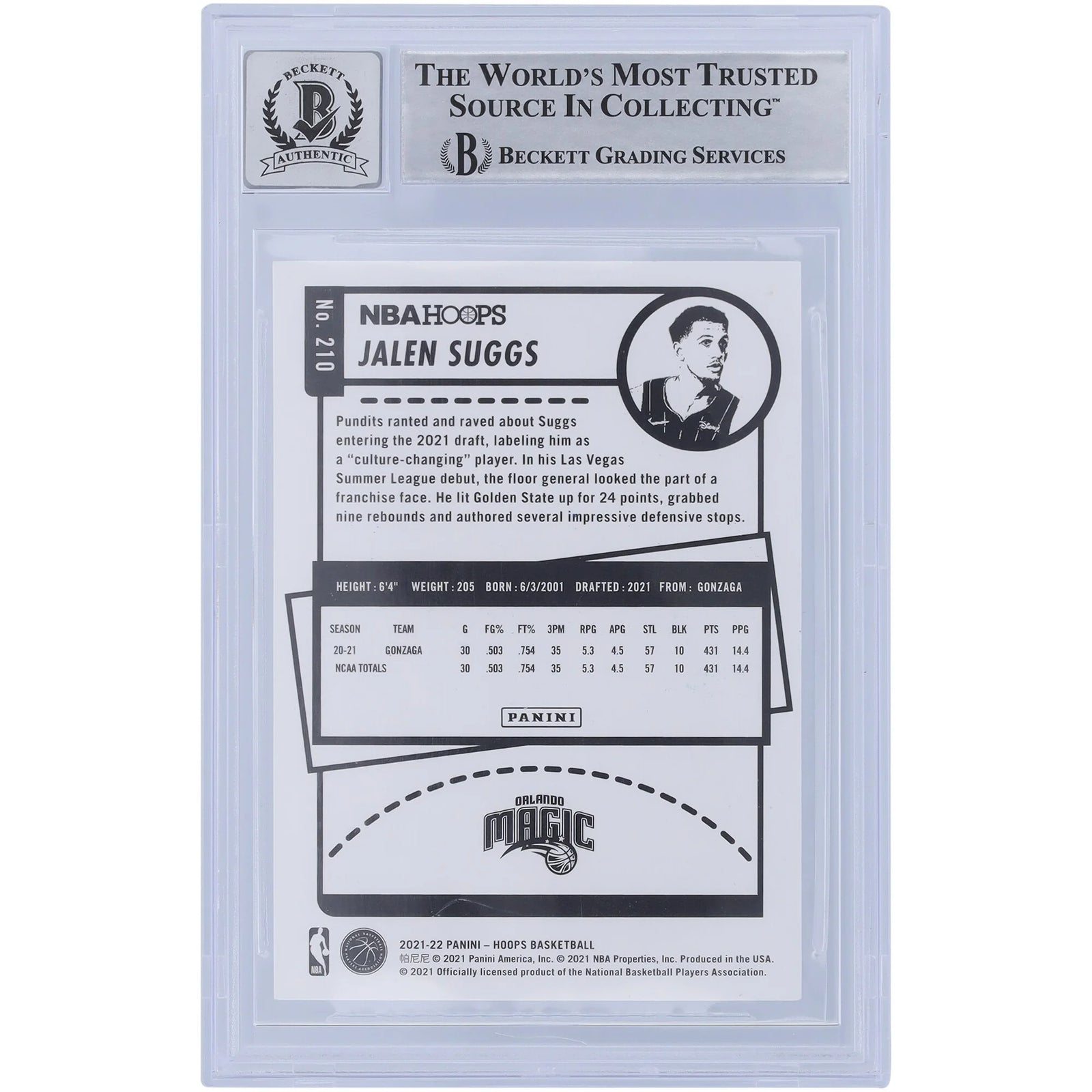 Jalen Suggs Signed 2021-22 Panini NBA Hoops #210 Rookie Card | BGS 10 with 2021 #5 Pick In