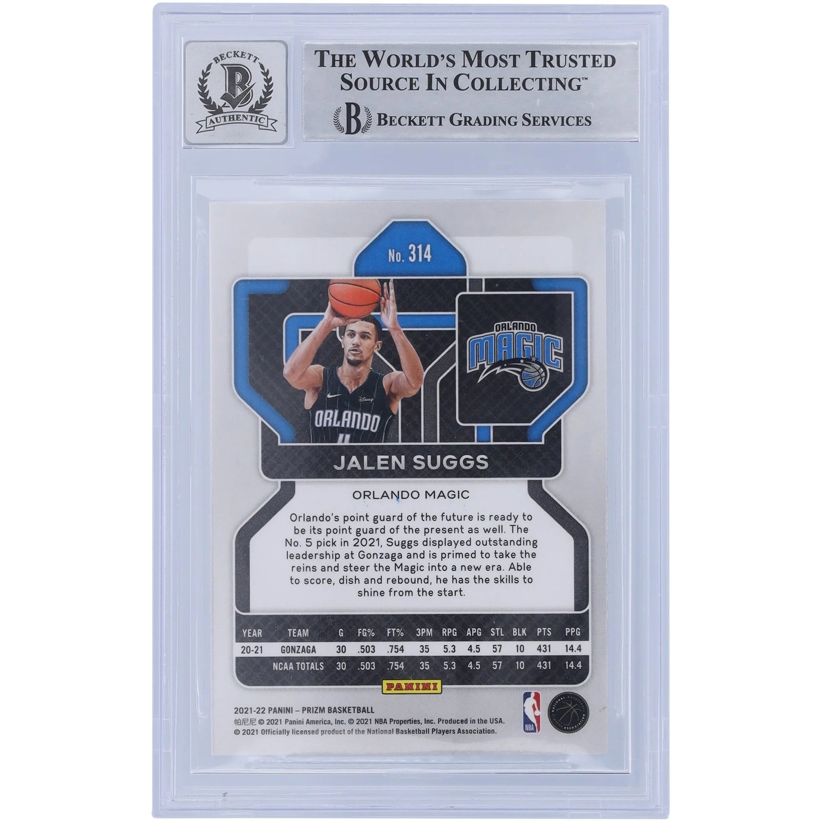 Jalen Suggs Signed 2021-22 Panini Prizm #314 Rookie Card | BGS 10 with 2021 Inscription