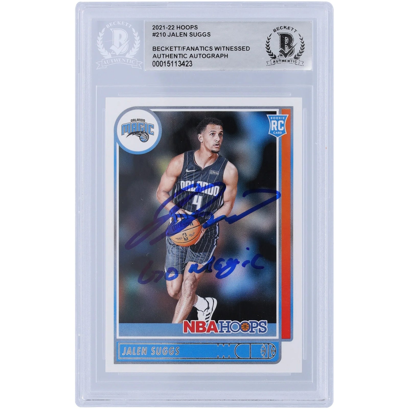 Jalen Suggs Orlando Magic Autographed 2021-22 Panini NBA Hoops #210 Beckett Fanatics Witnessed Authenticated Rookie Card with "Go Magic" Inscription - F2
