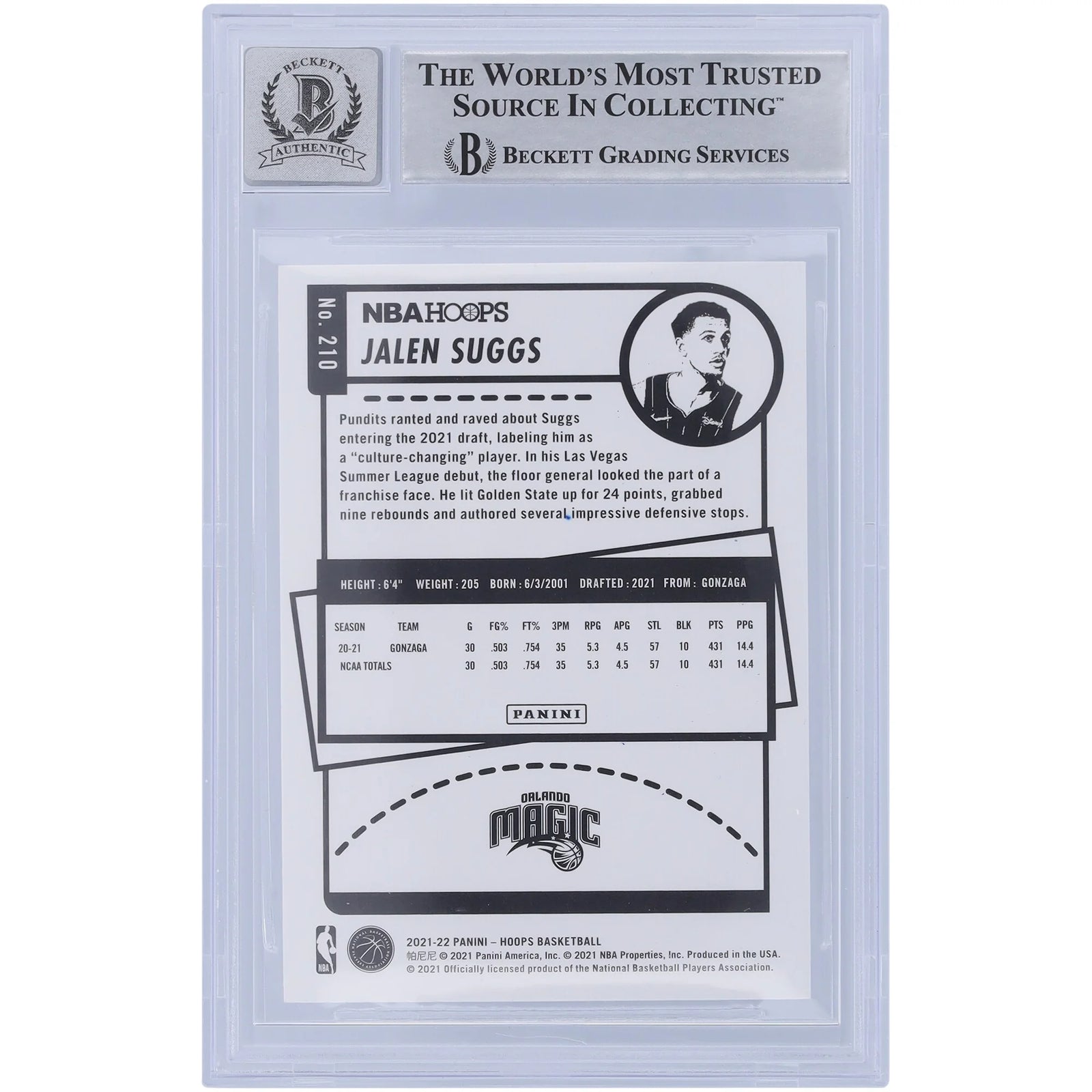 Jalen Suggs Signed 2021-22 Panini NBA Hoops #210 Rookie Card | Go Magic Inscription