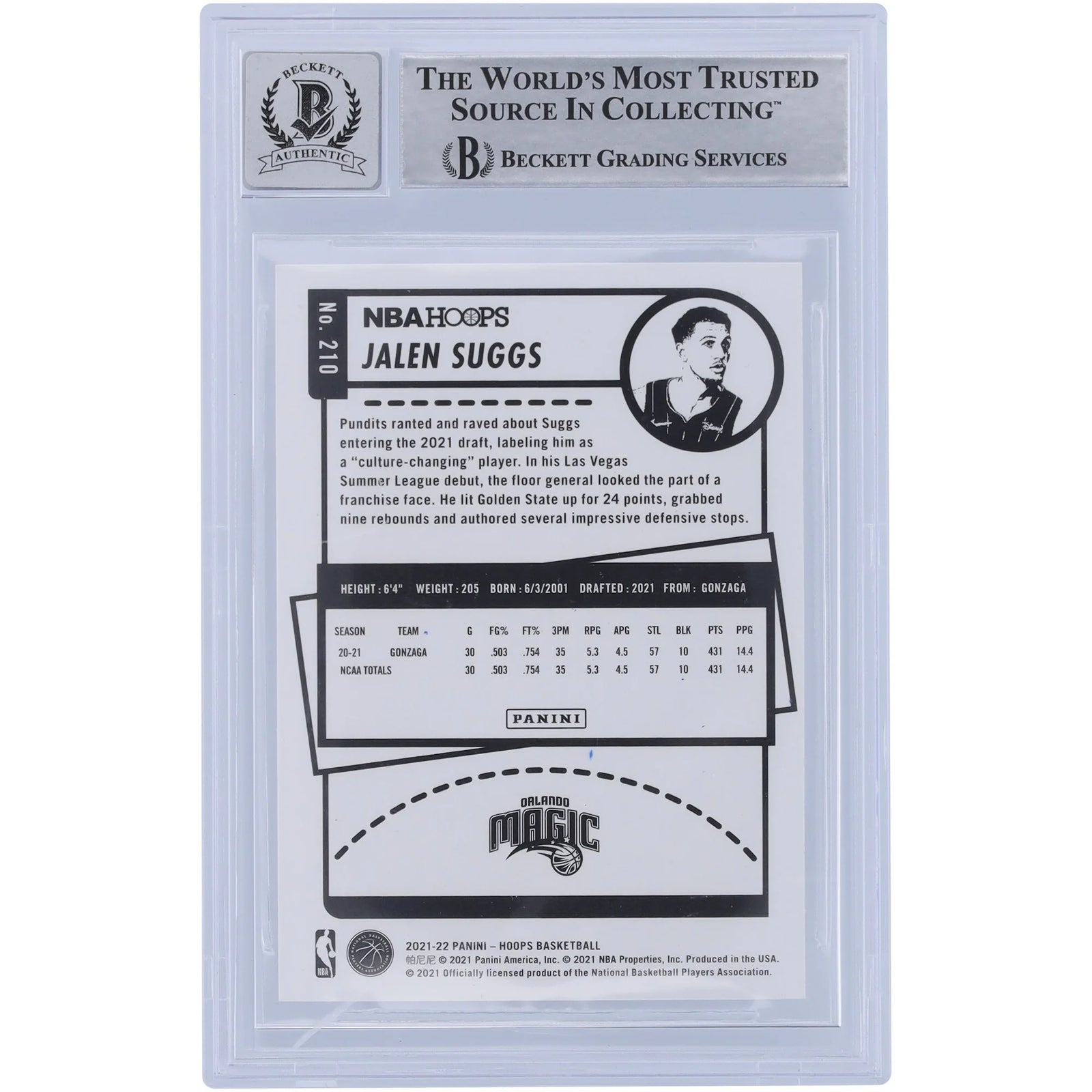 Jalen Suggs Signed 2021-22 Panini NBA Hoops #210 Rookie Card | BGS 10
