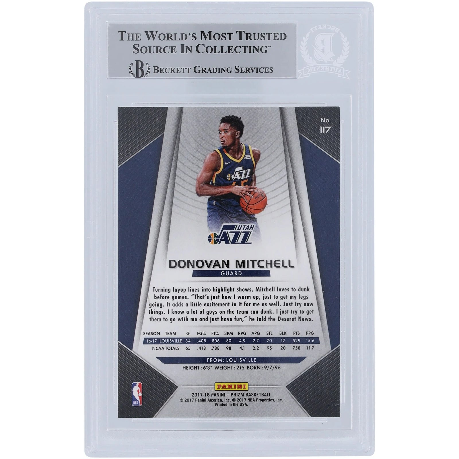 Donovan Mitchell Signed 2017-18 Panini Prizm #117 Rookie Card | SPIDA Inscription