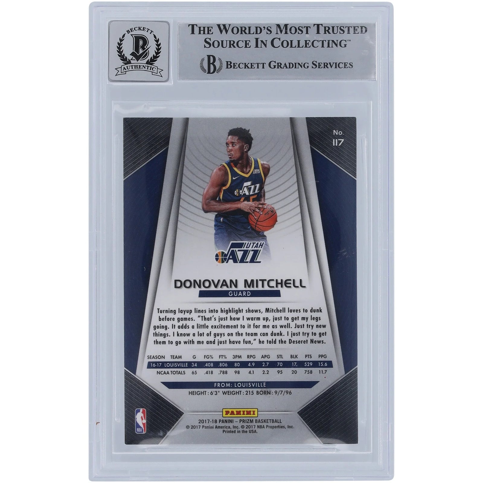 Donovan Mitchell Signed 2017-18 Panini Prizm Rookie #117 Card | Spida Inscription