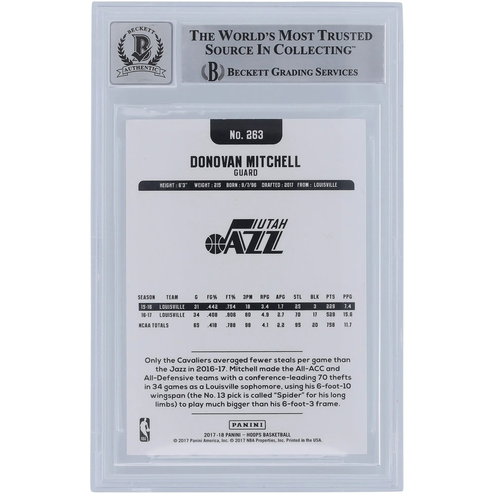Donovan Mitchell Signed 2017-18 Panini Hoops Rookie Card #263 | Beckett Grade 10