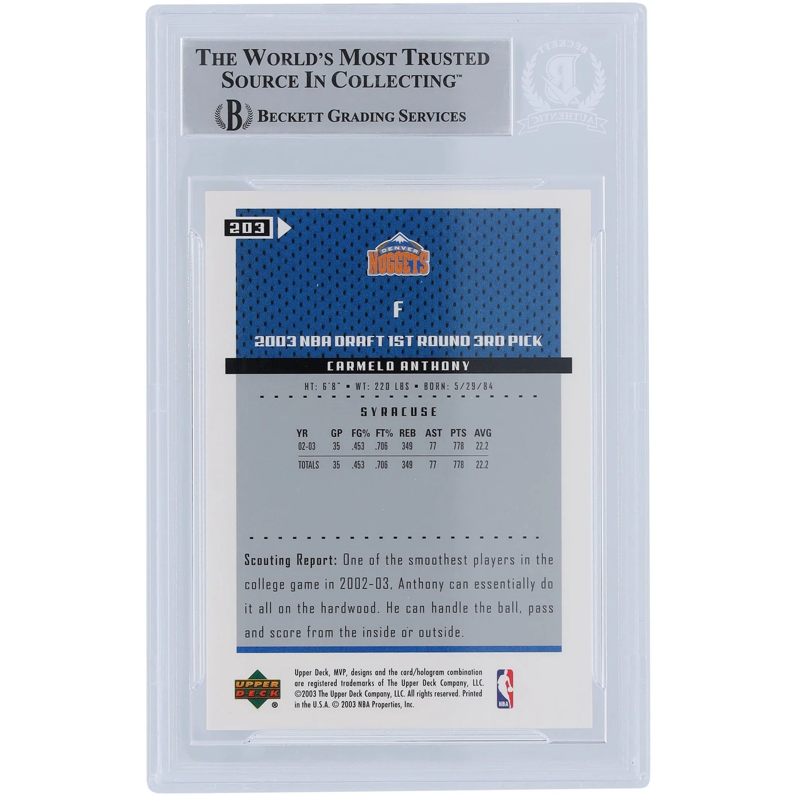 Carmelo Anthony Signed 2003-04 Upper Deck MVP #203 Rookie Card | Beckett Authenticated