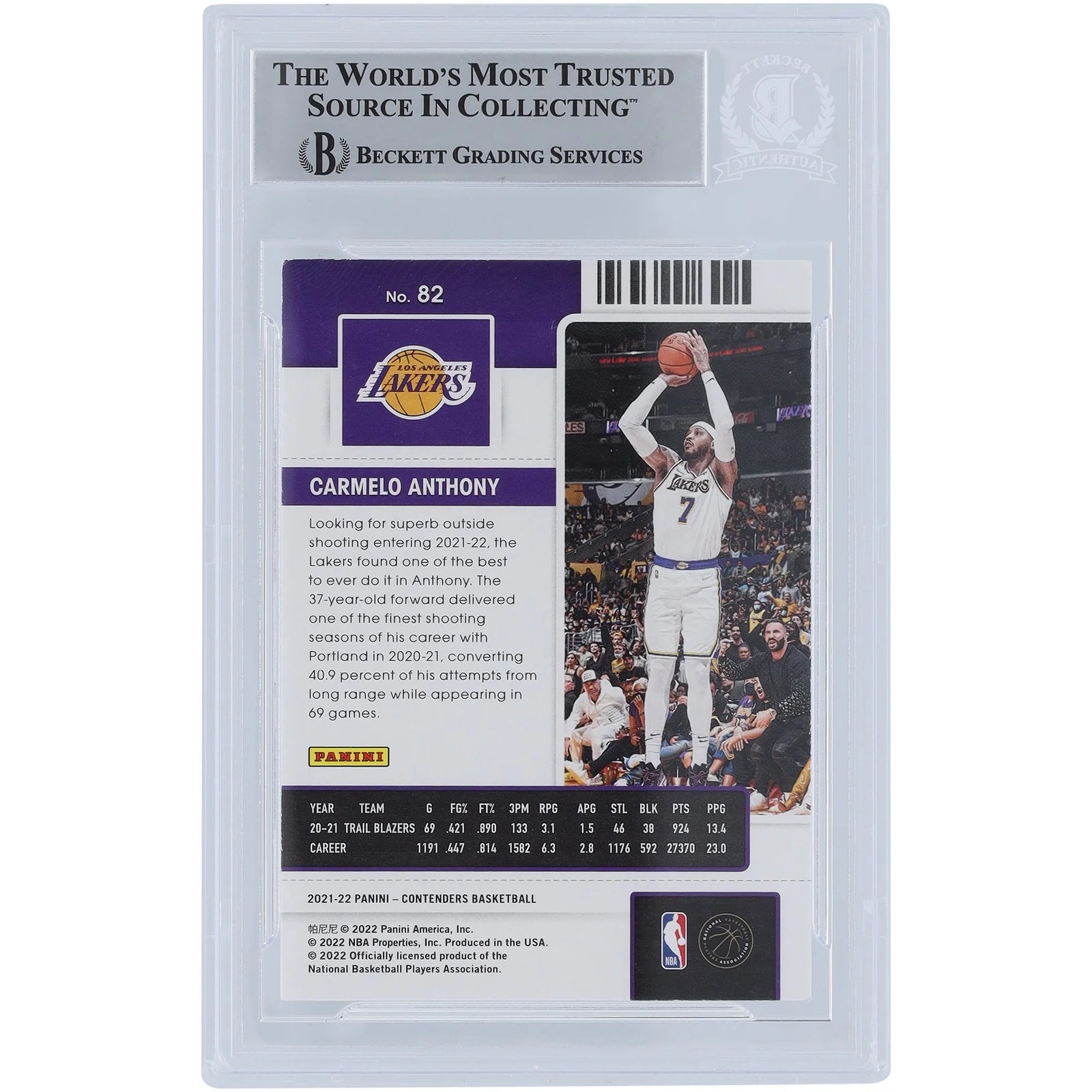 Carmelo Anthony Signed 2021-22 Panini Contenders #82 Card | Lakers