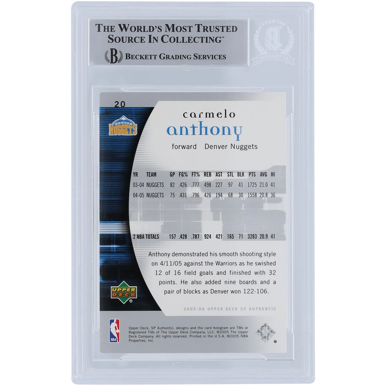 Carmelo Anthony Signed 2005-06 Upper Deck SP Authentic #20 | Beckett Authenticated