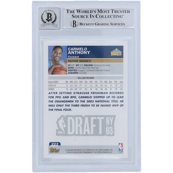 Carmelo Anthony Signed 2003-04 Topps Gold Variation #223 Rookie Card | Beckett 10