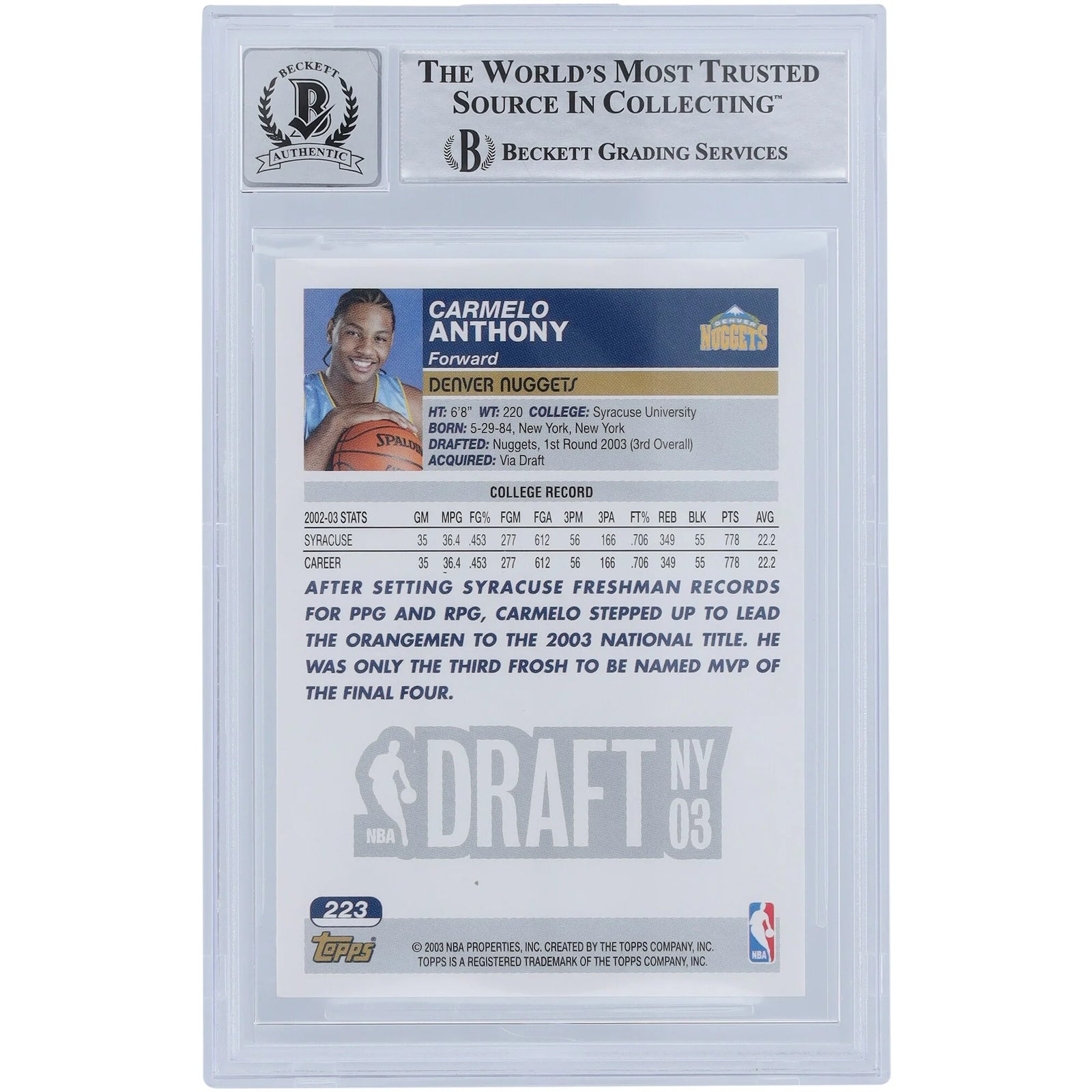 Carmelo Anthony Signed 2003-04 Topps Gold Variation #223 Rookie Card | Beckett 10