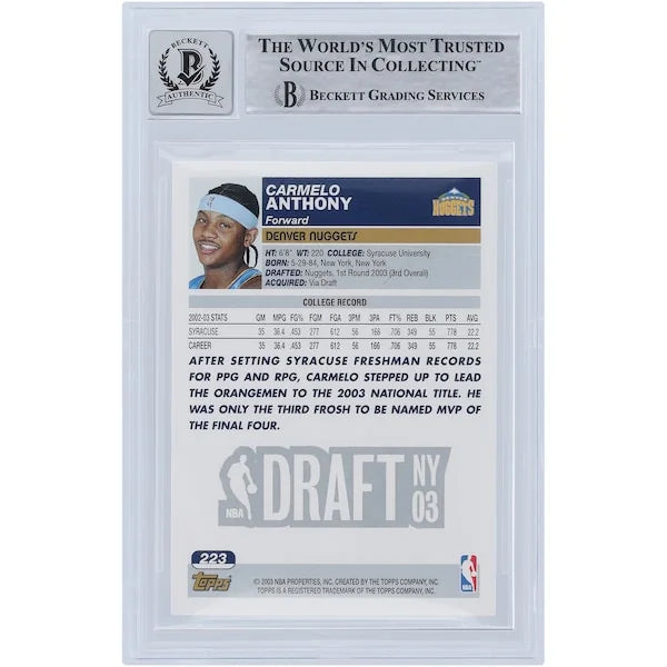 Carmelo Anthony Signed 2003-04 Topps Silver Variation #223 Rookie Card | Beckett 10