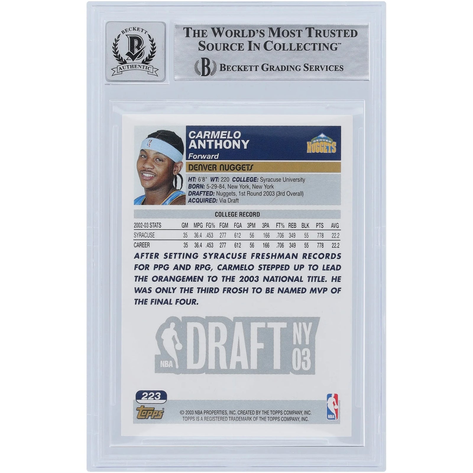 Carmelo Anthony Signed 2003-04 Topps Silver Variation #223 Rookie Card | Beckett 10