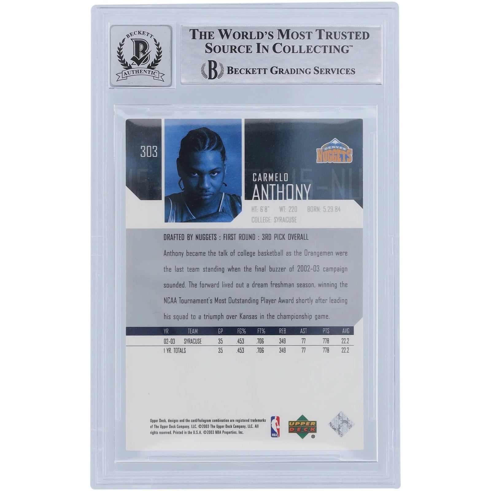 Carmelo Anthony Signed 2003-04 Upper Deck Star Rookie #303 | Graded 10