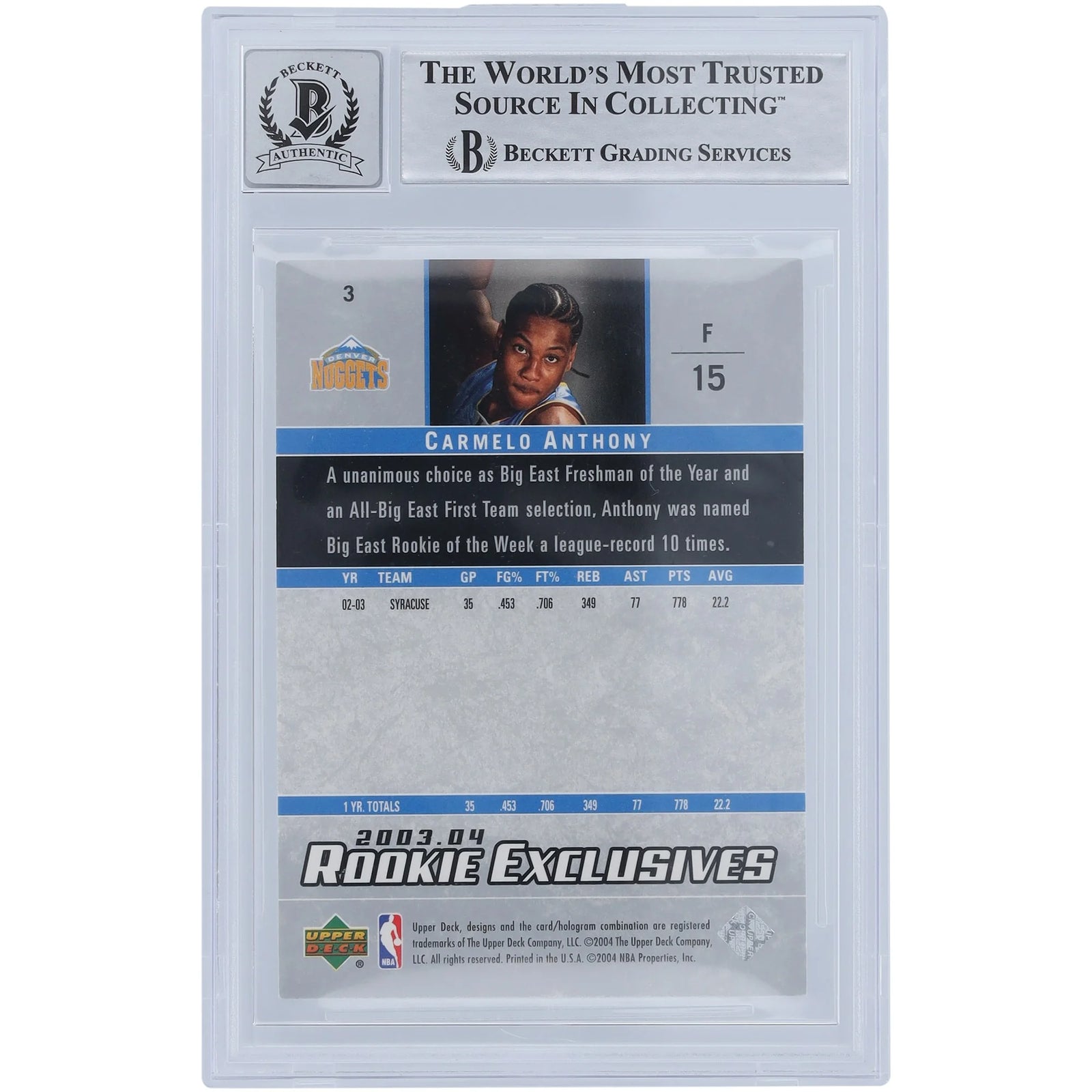 Carmelo Anthony Signed 2003-04 Upper Deck Rookie Exclusives #3 | Graded 10