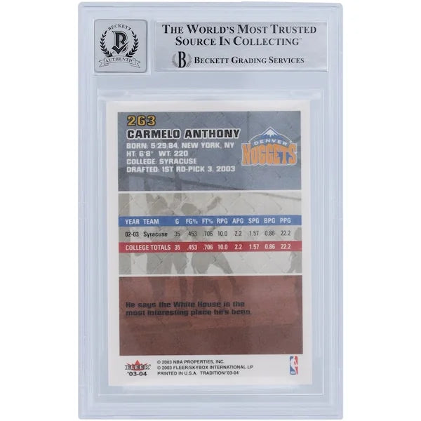 Carmelo Anthony Signed 2003-04 Fleer Tradition #263 Rookie Card | Beckett 9