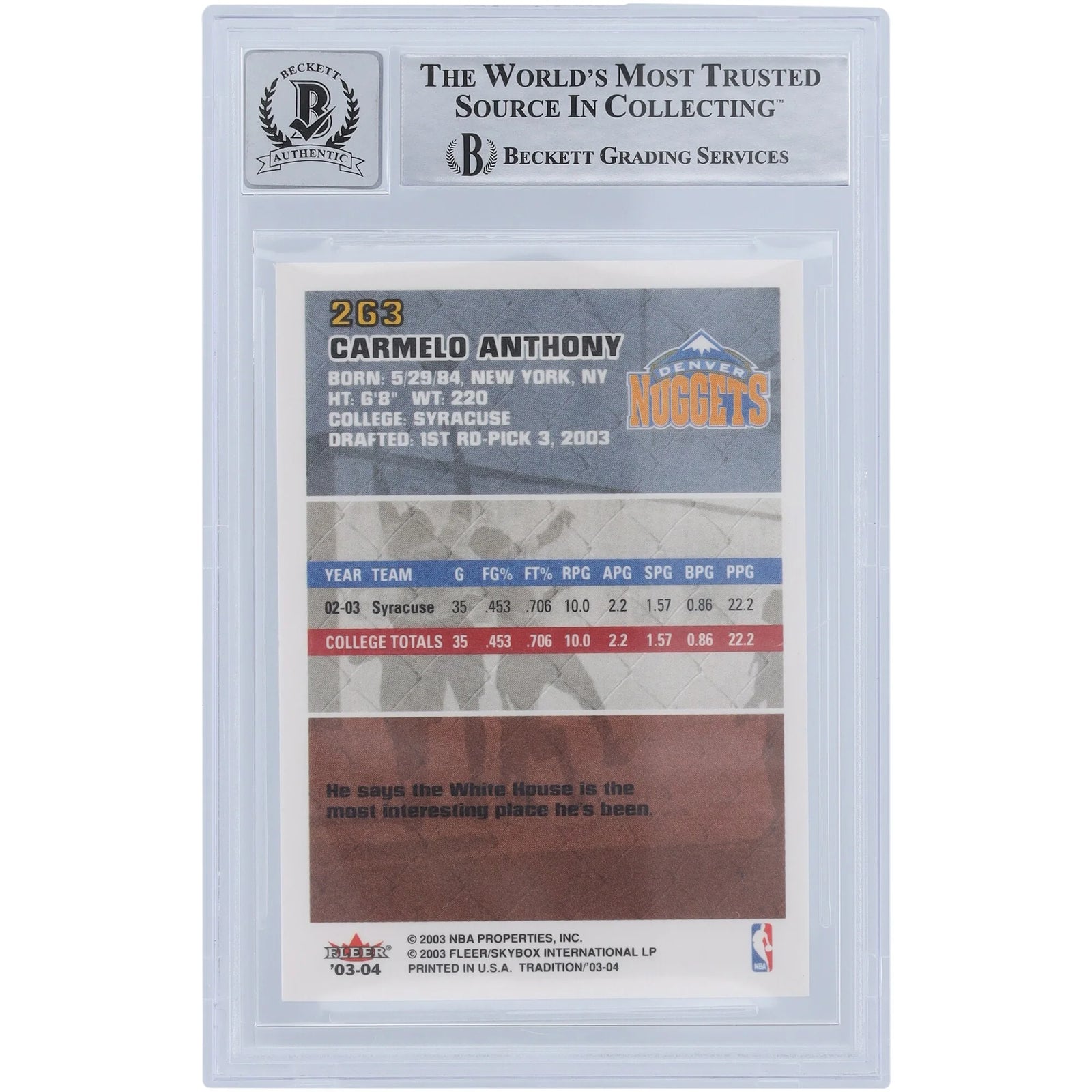 Carmelo Anthony Signed 2003-04 Fleer Tradition #263 Rookie Card | Beckett 9