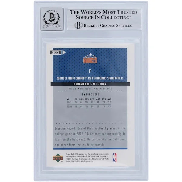 Carmelo Anthony Signed 2003-04 Upper Deck MVP #203 Rookie Card | Beckett 9
