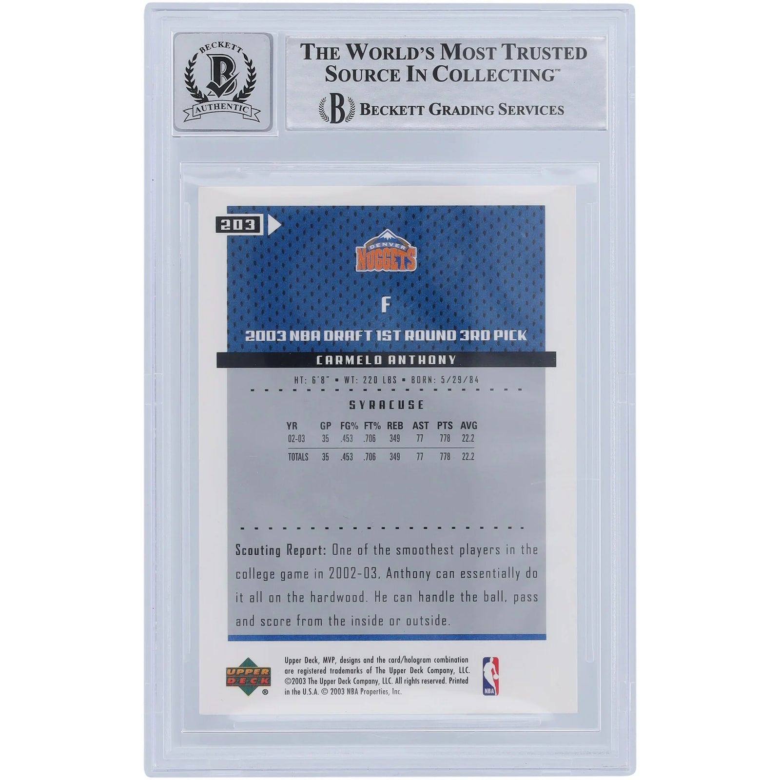 Carmelo Anthony Signed 2003-04 Upper Deck MVP #203 Rookie Card | Beckett 9