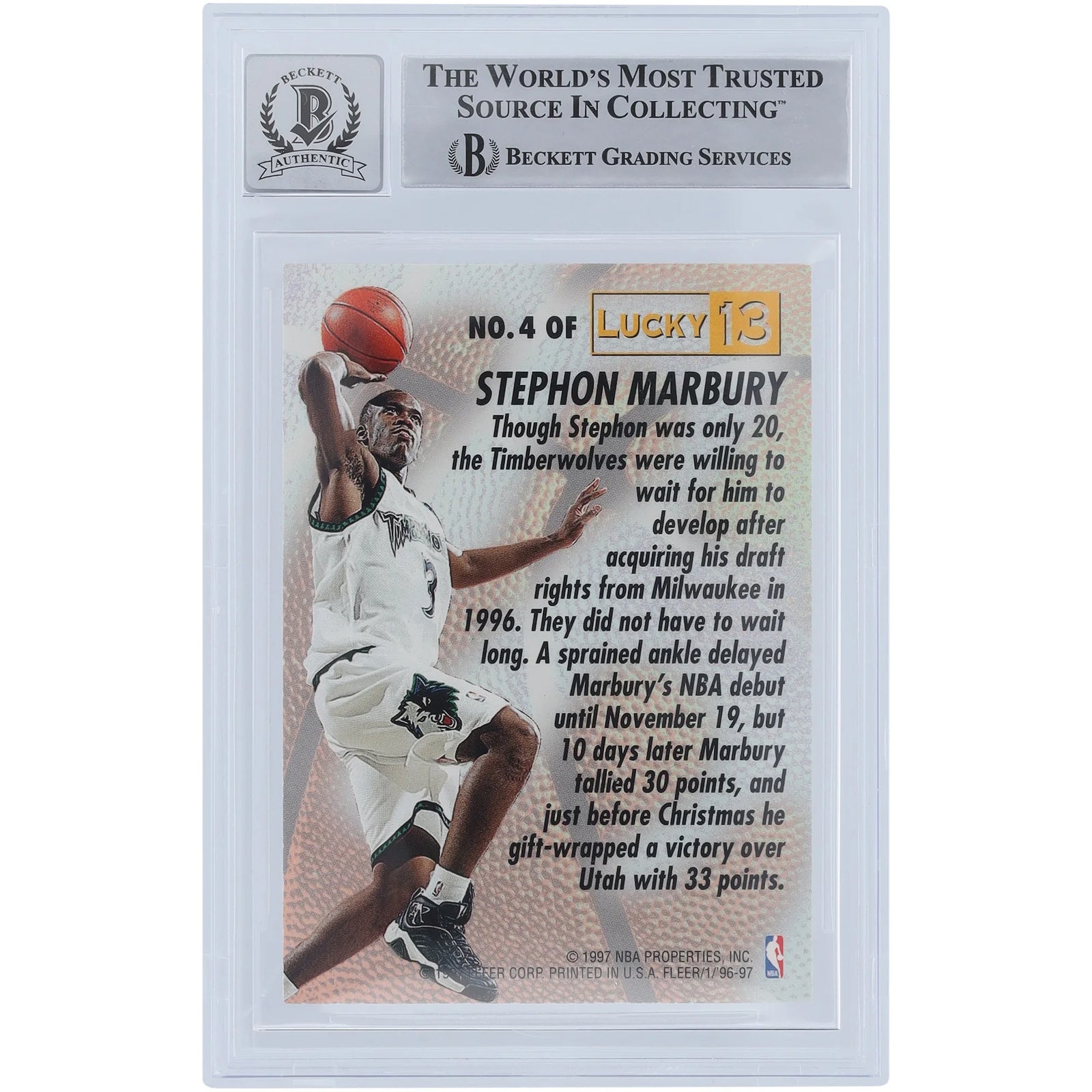 Stephon Marbury Signed 1996-97 Fleer Lucky 13 #4 Rookie Card | Beckett Graded 10