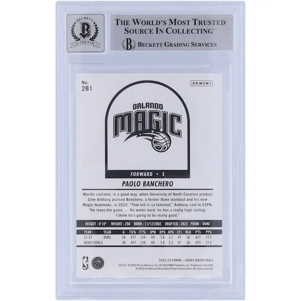 Paolo Banchero Signed 2022-23 Panini Hoops #281 Rookie Card | Beckett Graded 9