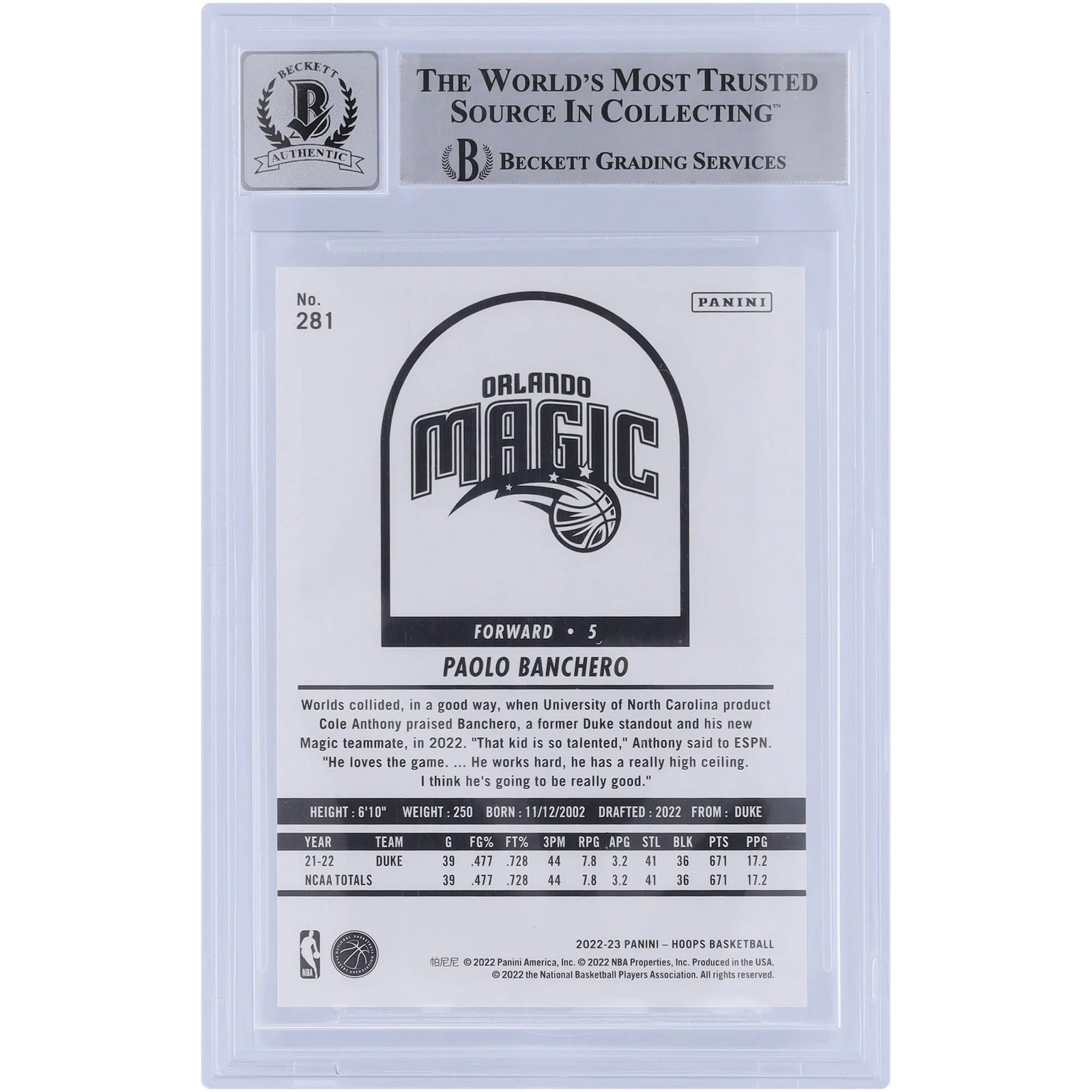 Paolo Banchero Signed 2022-23 Panini Hoops #281 Rookie Card | Beckett Graded 9