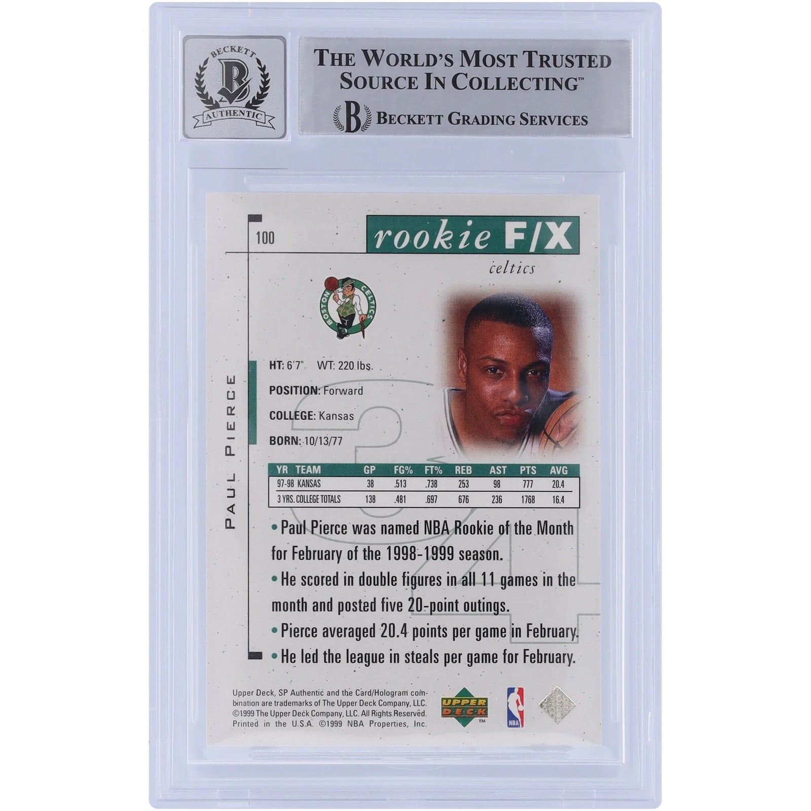 Paul Pierce Signed 1998-99 Upper Deck SP Authentic #100 Rookie Card | Beckett 9