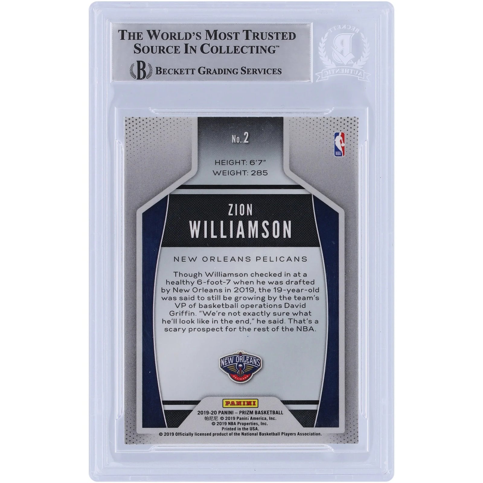 Zion Williamson Signed 2019-20 Panini Prizm Instant Impact #2 Rookie Card | Beckett Witnes