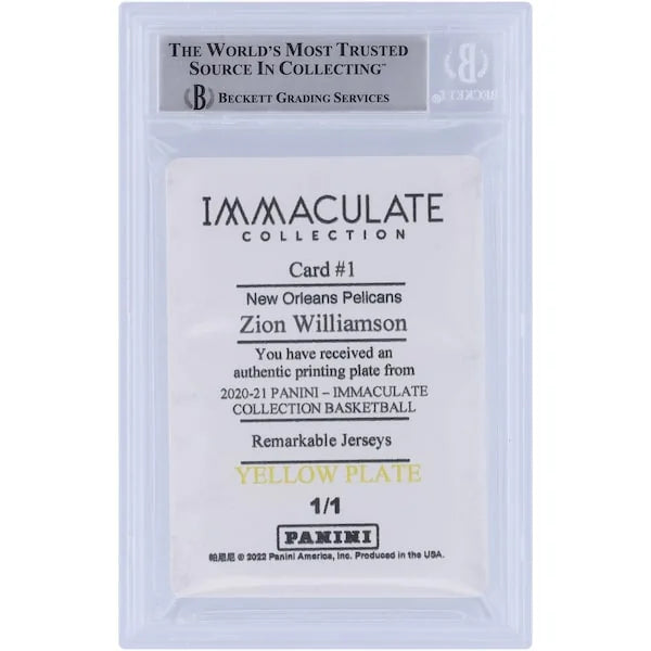 Zion Williamson Signed 2020-21 Panini Immaculate Remarkable Jerseys Yellow Printing Plate #1
