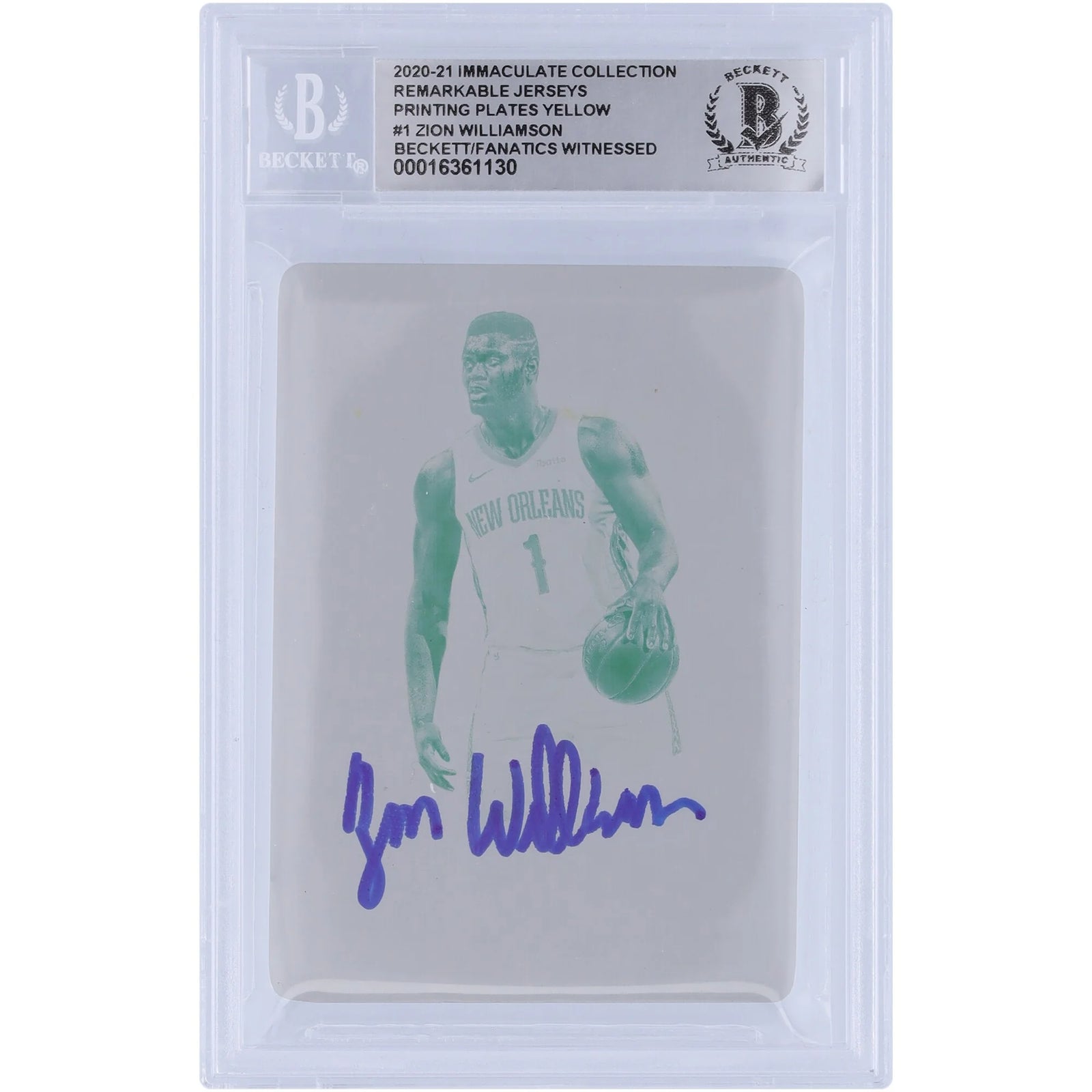 Zion Williamson Signed 2020-21 Panini Immaculate Remarkable Jerseys Yellow Printing Plate #1