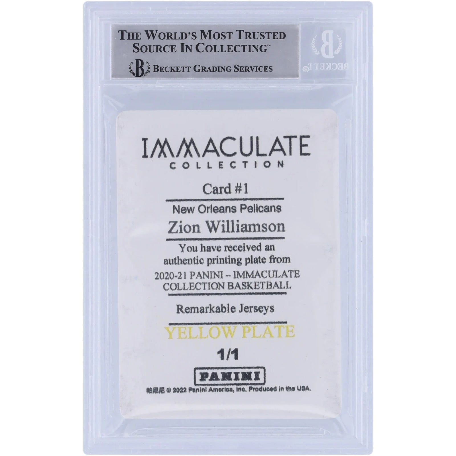 Zion Williamson Signed 2020-21 Panini Immaculate Remarkable Jerseys Yellow Printing Plate #1