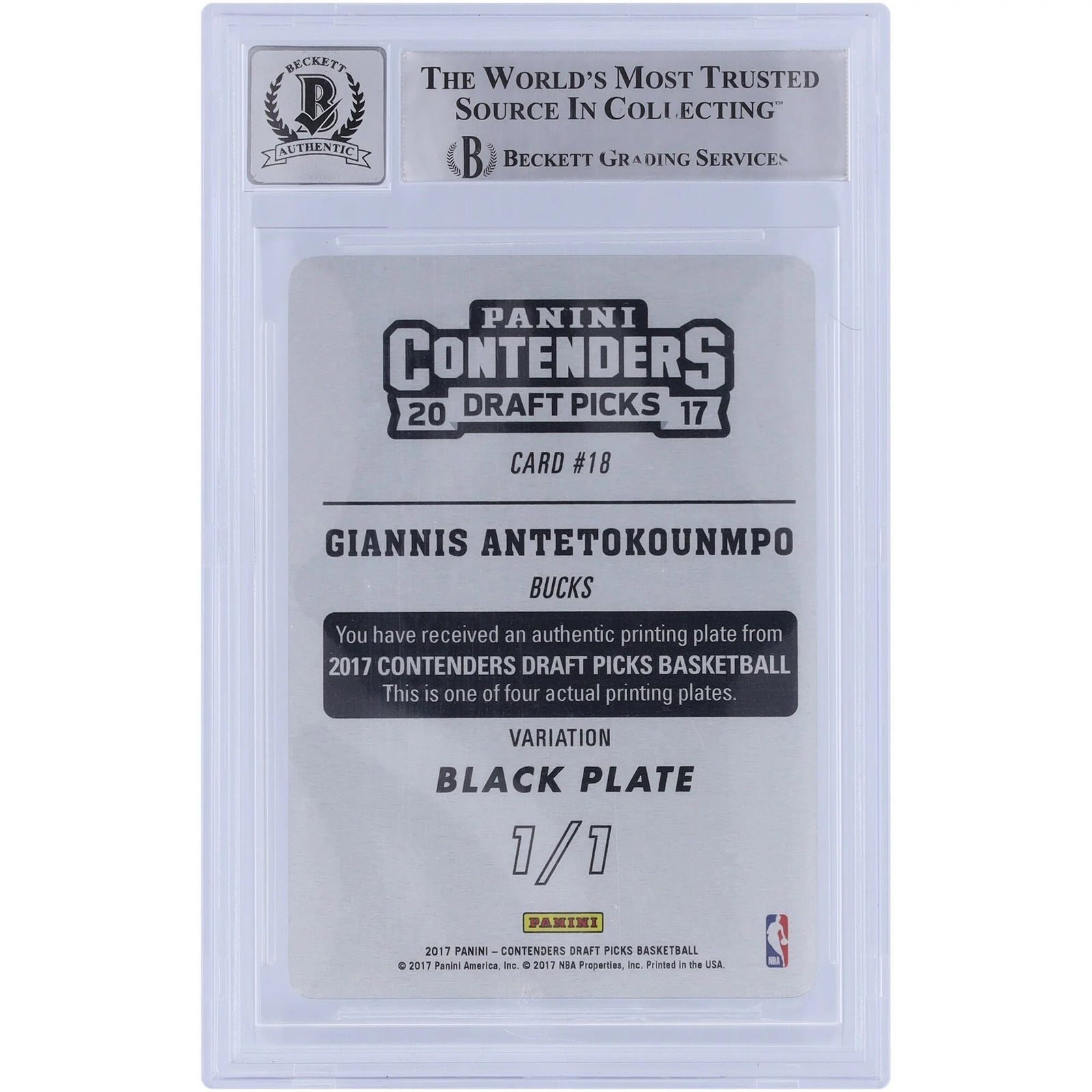 Giannis Antetokounmpo Signed 2017-18 Panini Contenders Optic Printing Plate | 1/1 Beckett