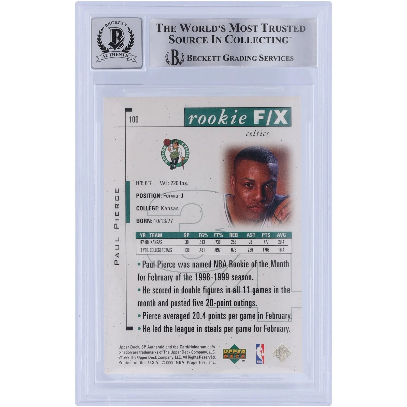 Paul Pierce Signed 1998-99 Upper Deck SP Authentic #100 Rookie Card | Beckett Grade 10