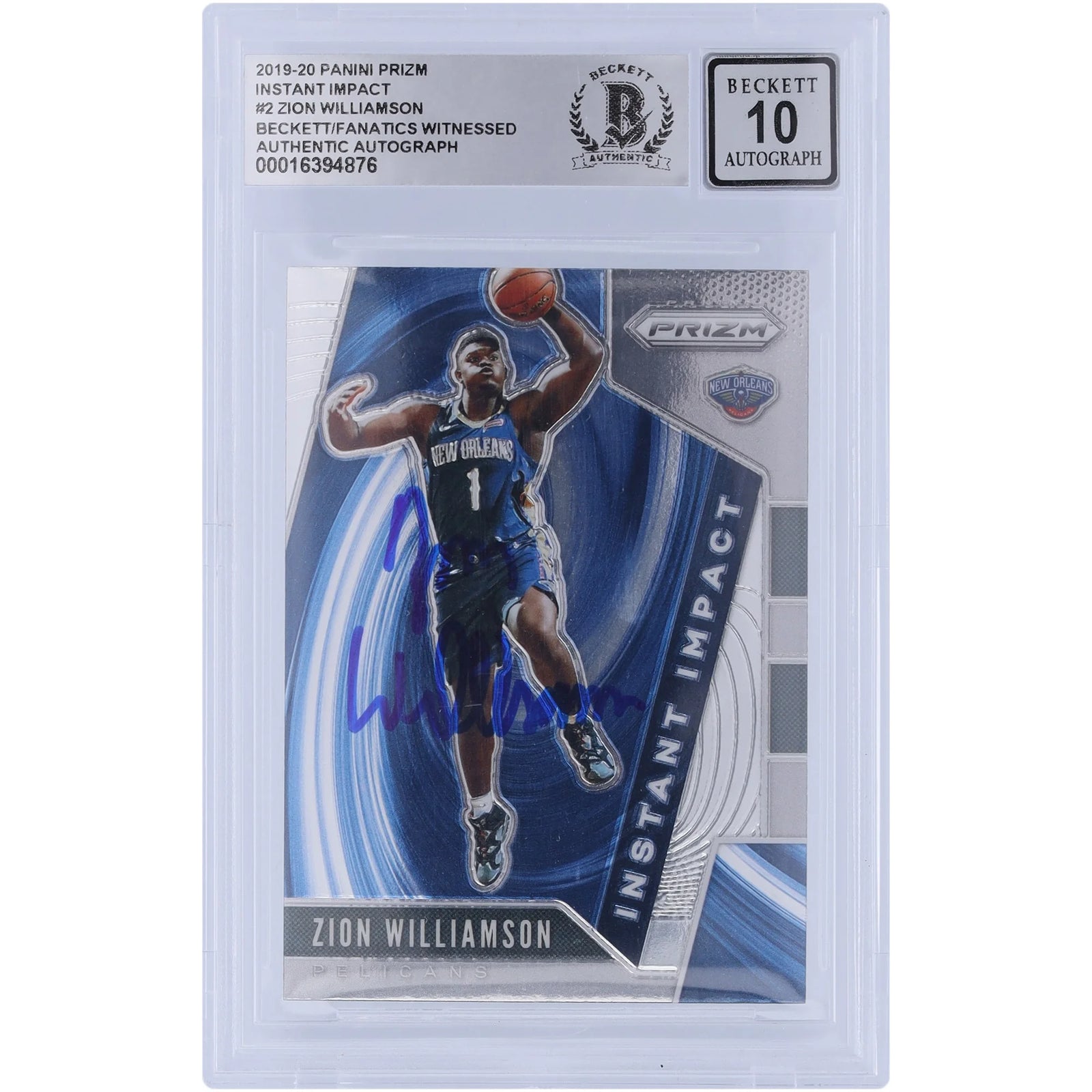Zion Williamson Signed 2019-20 Panini Prizm Instant Impact #2 Rookie Card | Beckett 10