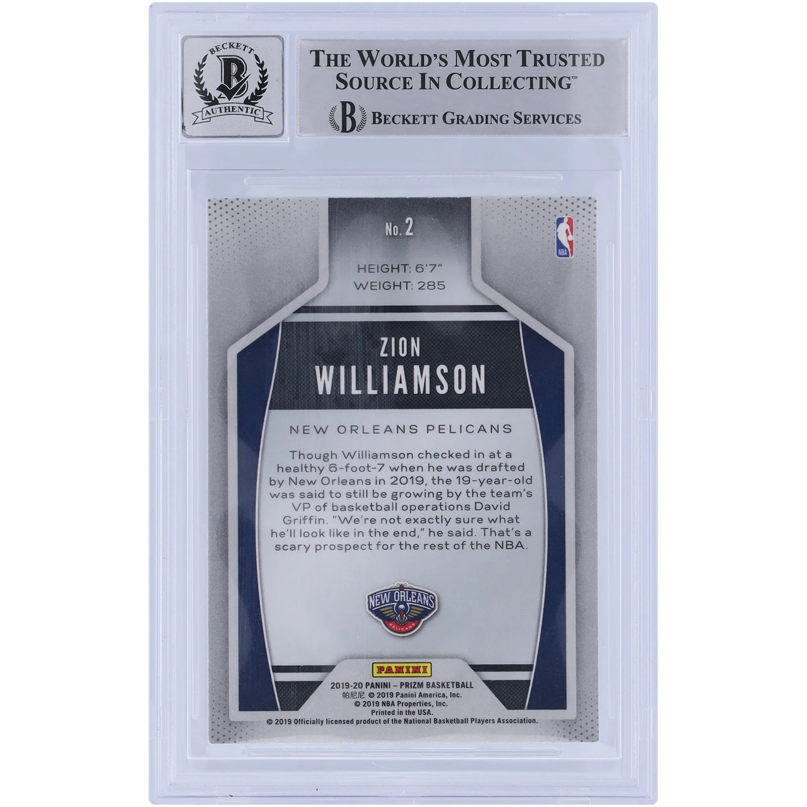 Zion Williamson Signed 2019-20 Panini Prizm Instant Impact #2 Rookie Card | Beckett 10