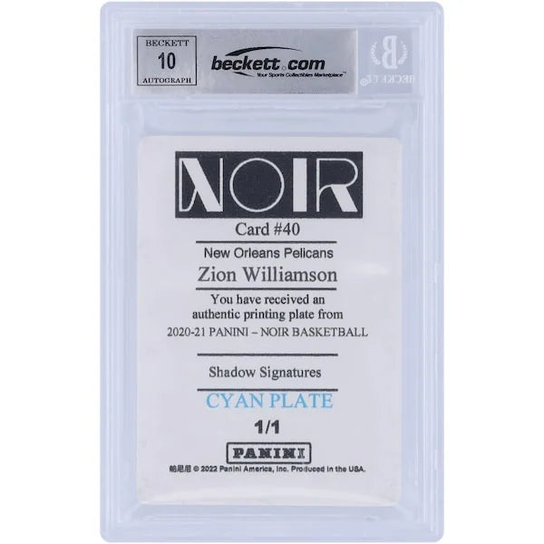 Zion Williamson Signed 2020-21 Panini Noir Printing Plate | Beckett 10