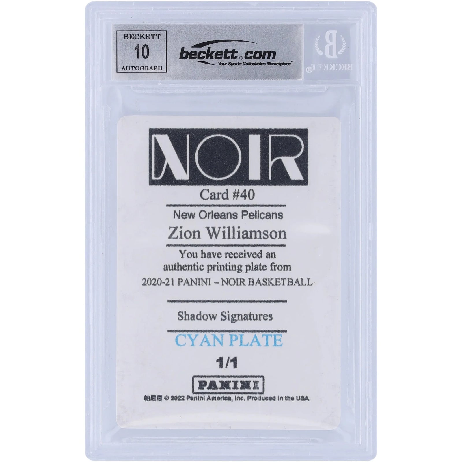 Zion Williamson Signed 2020-21 Panini Noir Printing Plate | Beckett 10