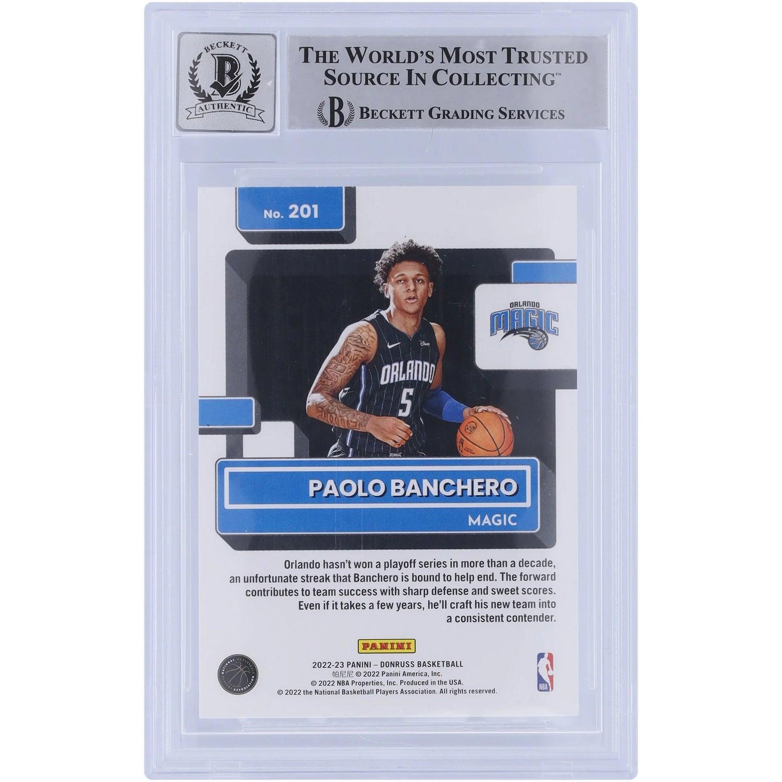 Paolo Banchero Signed 2022-23 Panini Donruss Rated Rookie #201 | Beckett 9