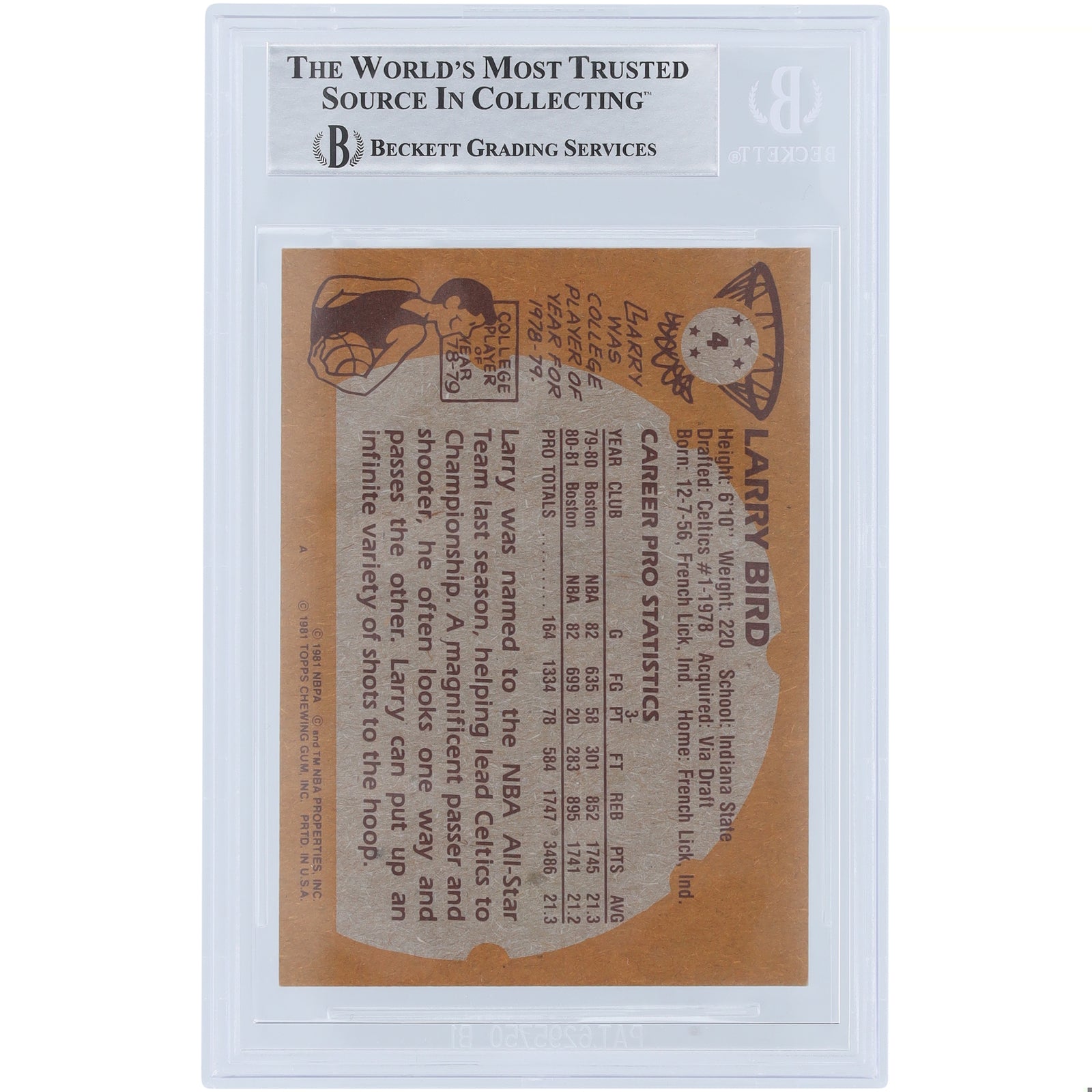 Larry Bird Signed 1981-82 Topps #4 Card | Beckett Authenticated