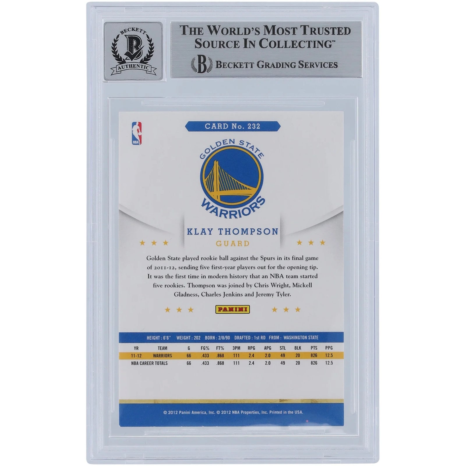 Klay Thompson Signed 2012-13 Panini Hoops #232 Rookie Card | Beckett Graded 10