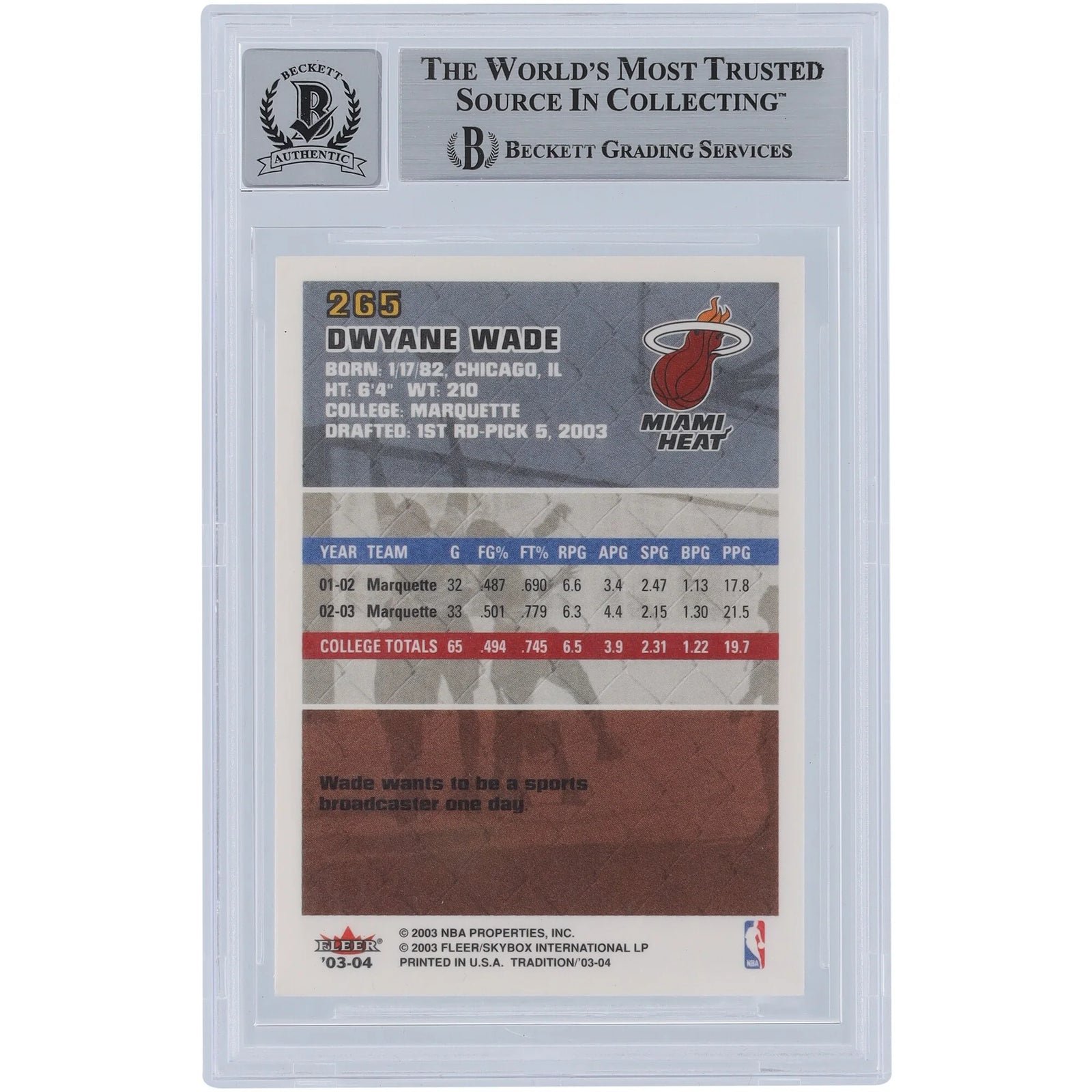 Dwyane Wade Signed 2003-04 Fleer Tradition #265 Rookie Card | Graded 10