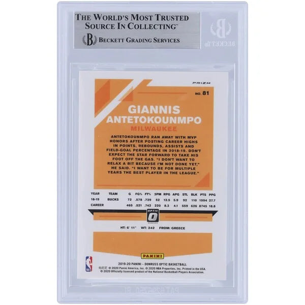 Giannis Antetokounmpo Signed 2019-20 Panini Donruss Optic Prizm #81 | Beckett Authenticate