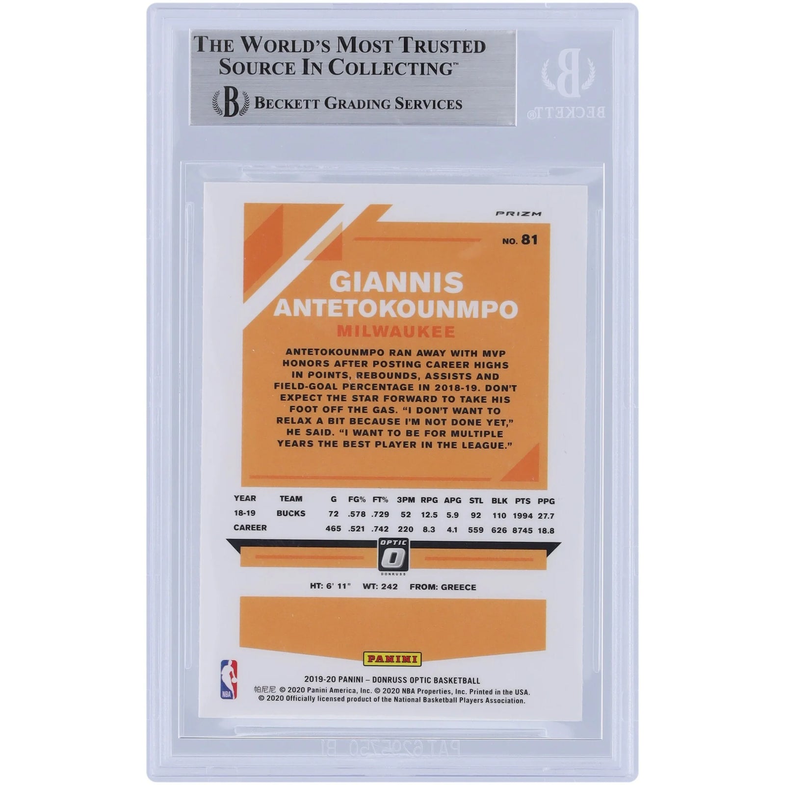 Giannis Antetokounmpo Signed 2019-20 Panini Donruss Optic Prizm #81 | Beckett Authenticate