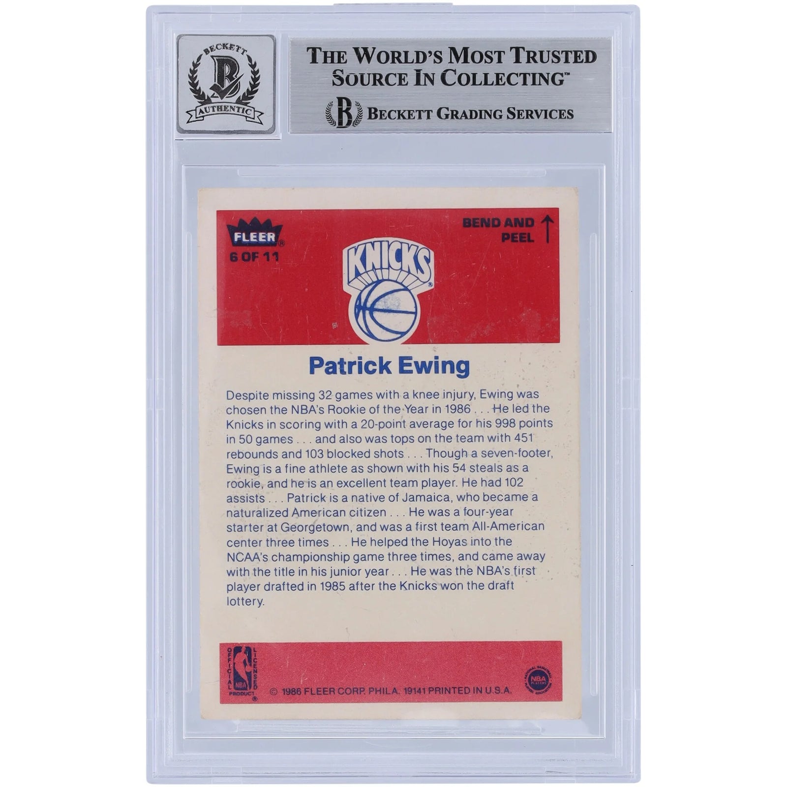 Patrick Ewing Signed 1986 Fleer Sticker #6 | Beckett Graded 10 Rookie