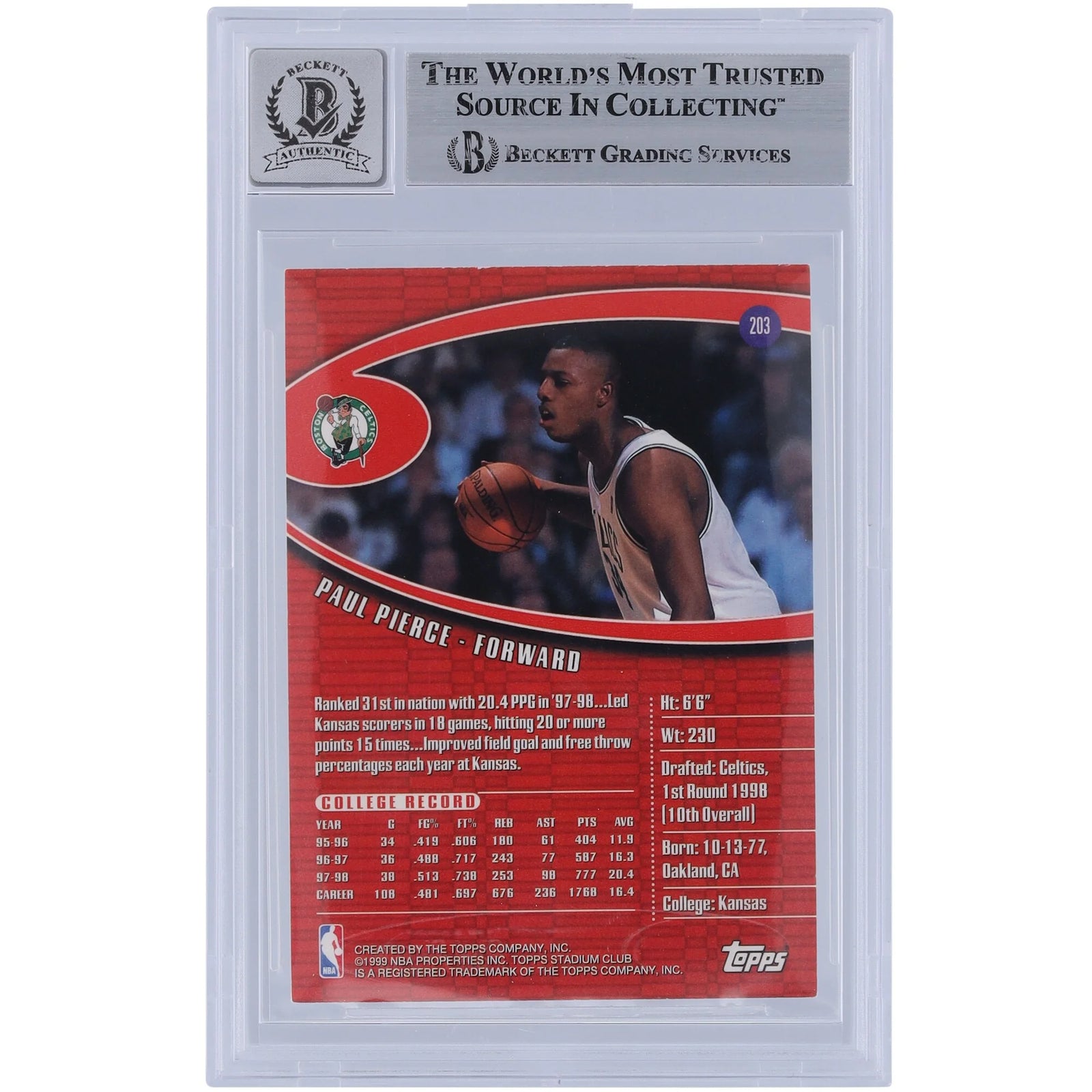 Paul Pierce Signed 1998-99 Topps Stadium Club #203 Rookie Card | Authenticated