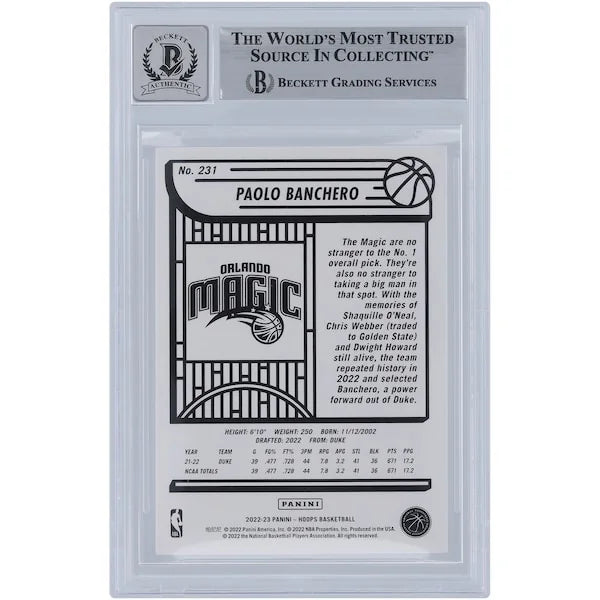 Paolo Banchero Signed 2022-23 Panini Hoops #231 Rookie Card | Beckett Authenticated 9