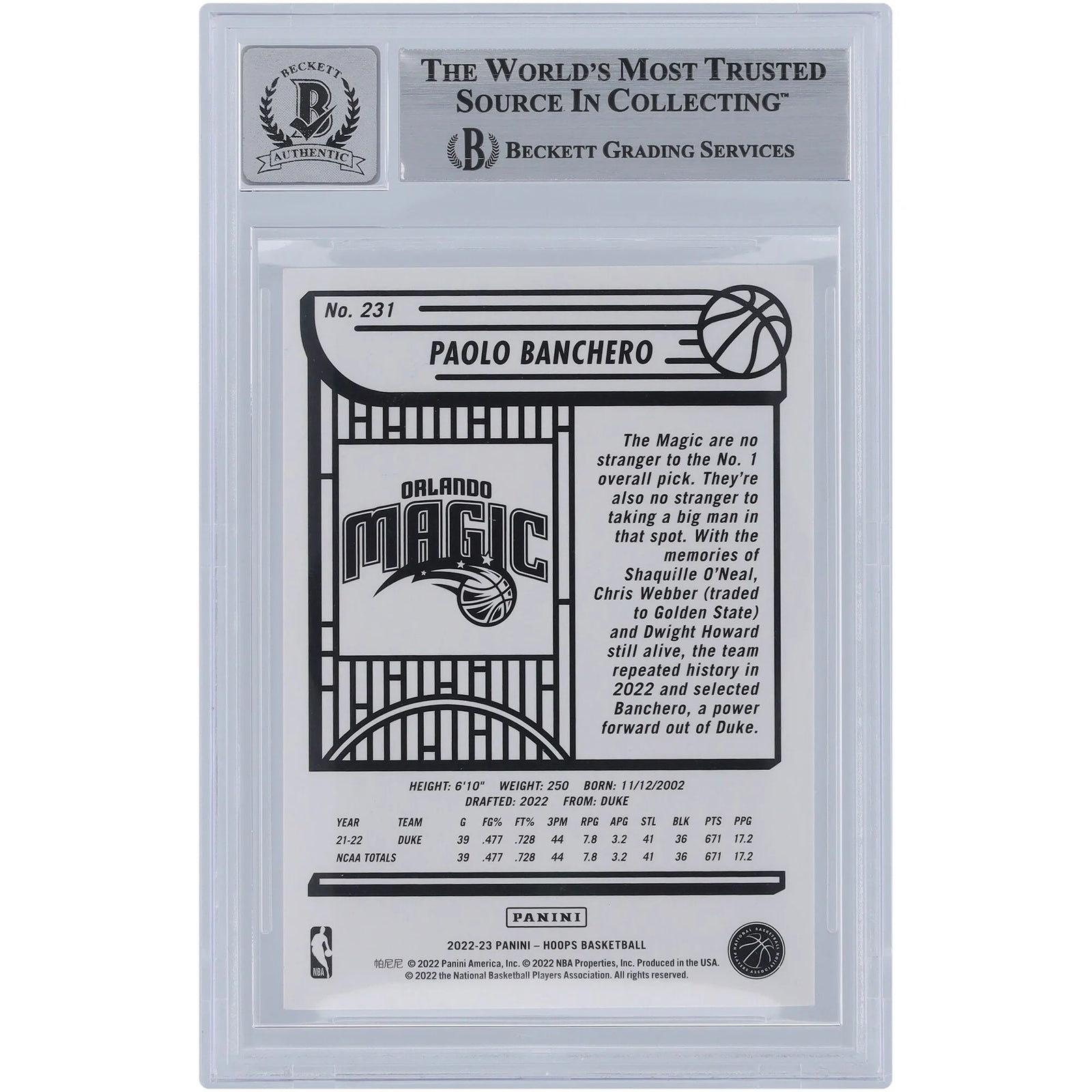 Paolo Banchero Signed 2022-23 Panini Hoops #231 Rookie Card | Beckett Authenticated 9